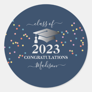 Sticker Rond Graduation 2023 Royal Blue Confetti Argent initial