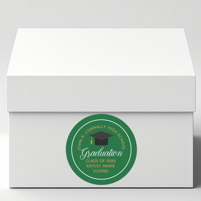 Sticker Rond Graduation 2025 Green Gold Custom School Party (Créateur téléchargé)