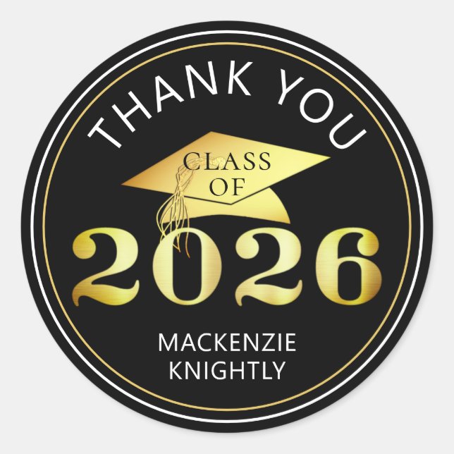 Sticker Rond Graduation 2025 Merci Black Faux Gold Foil (Devant)