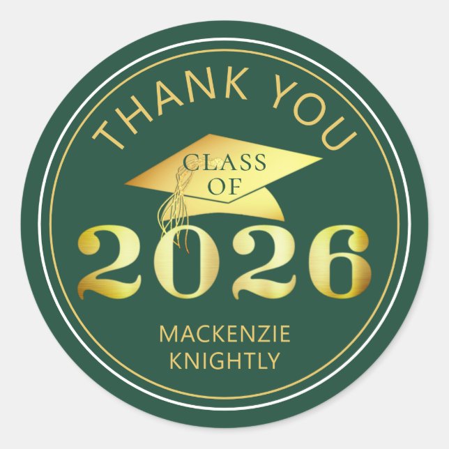 Sticker Rond Graduation 2025 Merci Green Faux Gold Foil (Devant)