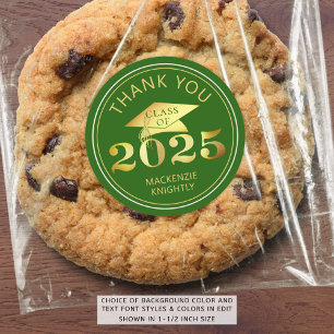 Sticker Rond Graduation 2025 Merci Green Faux Gold Foil