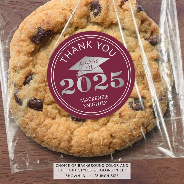 Sticker Rond Graduation 2025 Merci Maroon Faux Silver Foil (Créateur téléchargé)