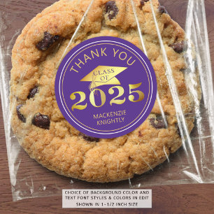 Sticker Rond Graduation 2025 Merci Purple Faux Gold Foil