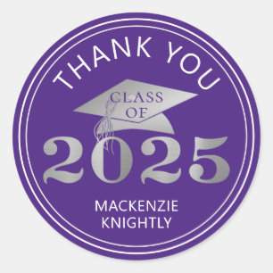 Sticker Rond Graduation 2025 Merci Purple Faux Silver Foil
