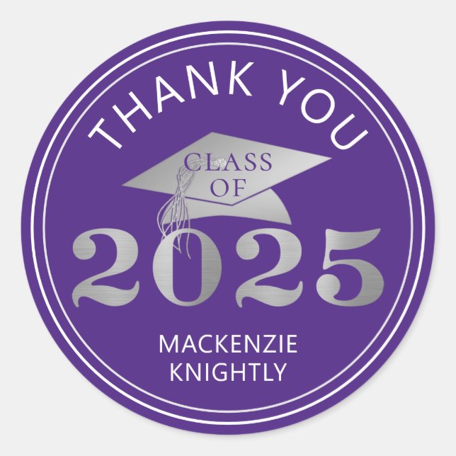 Sticker Rond Graduation 2025 Merci Purple Faux Silver Foil (Devant)