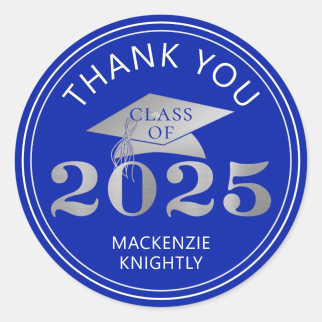 Sticker Rond Graduation 2025 Merci Royal Faux Silver Foil (Devant)