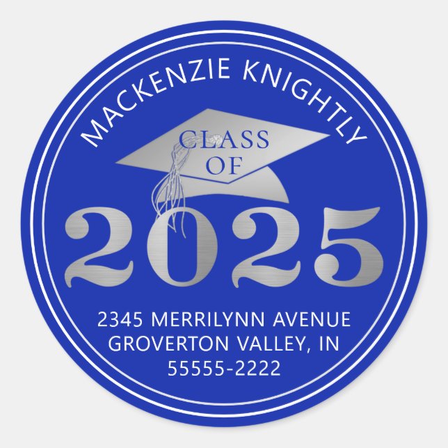 Sticker Rond Graduation 2025 Royal Blue Silver Adresse de retou (Devant)