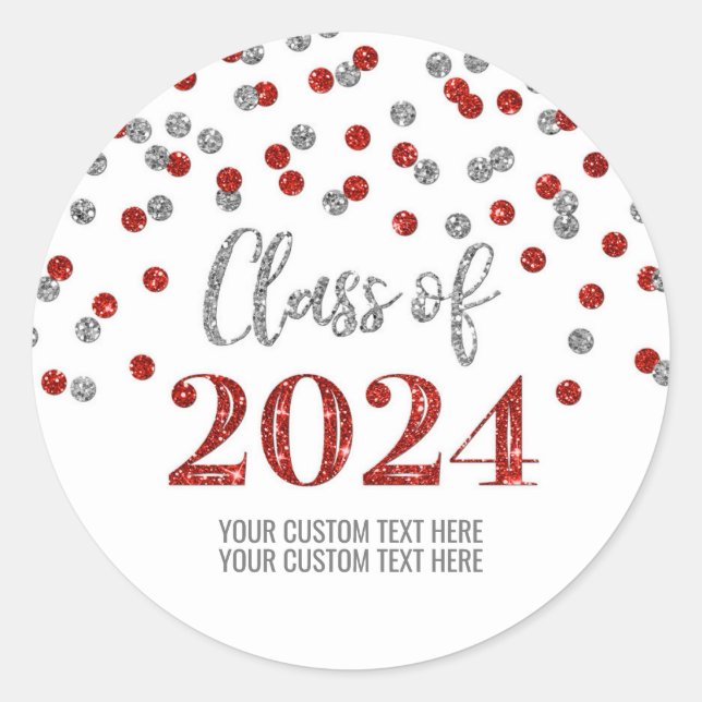 Sticker Rond Graduation Argent Rouge Confetti 2024 (Devant)