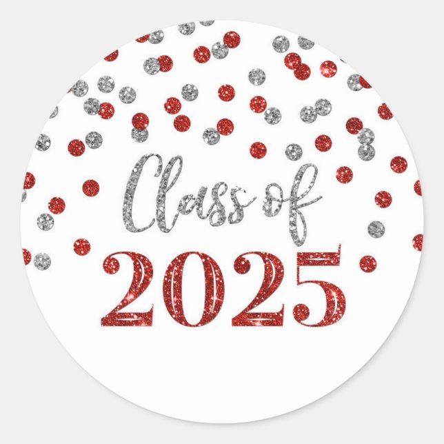 Sticker Rond Graduation Argent Rouge Confetti 2025 (Devant)