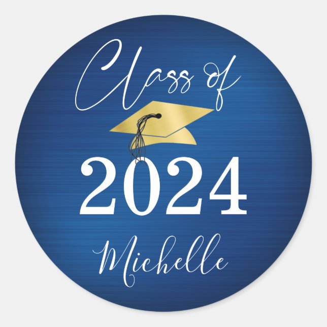 Sticker Rond Graduation Blue Gold Casquette Script Faux Metalli (Devant)