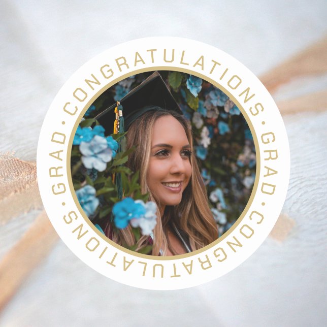 Sticker Rond Graduation Elegant Gold Photo personnalisée (Créateur téléchargé)