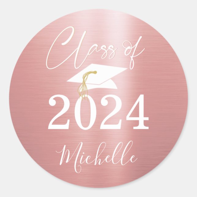 Sticker Rond Graduation Faux Metallic Rose Gold Class Nom de l' (Devant)