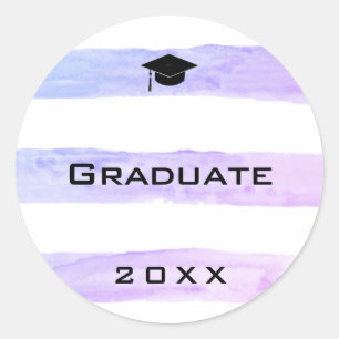 Sticker Rond Graduation Grad Casquette d'aquarelle violet rayé 