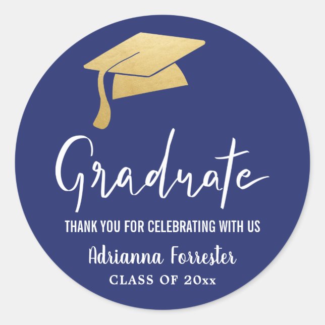 Sticker Rond Graduation Hat Faux Gold Foil Merci Navy Blue (Devant)