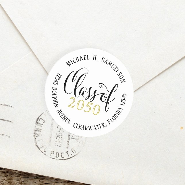 Sticker Rond Graduation Moderne Élégant Script Classe D'Or (Créateur téléchargé)