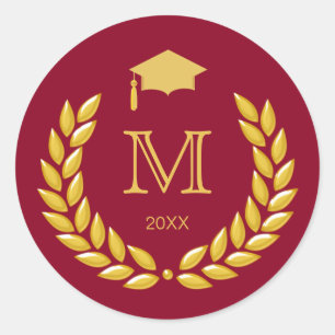 Sticker Rond Graduation Monogram Gold Laurel sur Maroon