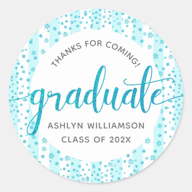 Sticker Rond Graduation Parties scintillant bleu turquoise Conf (Devant)