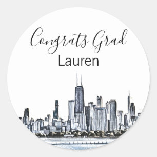 Sticker Rond Graduation personnalisée de Chicago Skyline