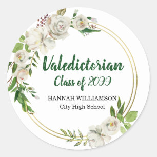 Sticker Rond Graduation personnalisée Valedictorian White Flora