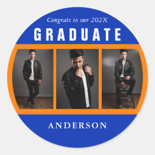 Sticker Rond Graduation Photo Collage Orange et Bleu Custom