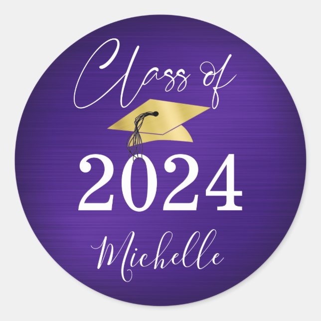 Sticker Rond Graduation Purple Gold Casquette Script Faux Metal (Devant)