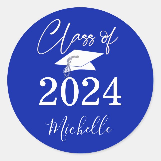 Sticker Rond Graduation Royal Blue Script Classe Année (Devant)