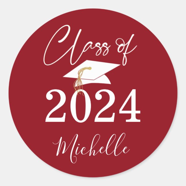 Sticker Rond Graduation Script Classe de 2024 Rouge Blanc (Devant)