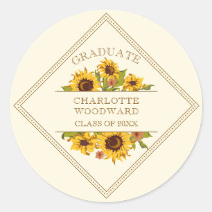 Sticker Rond Graduation Sunflowers Floral Graduation Party