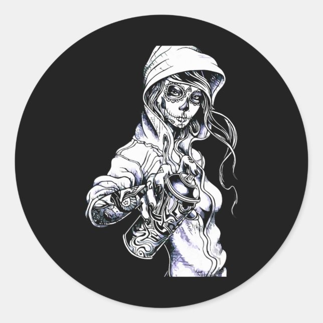 Sticker Rond Graffiti Tag Skeleton Ghetto Girl (Devant)