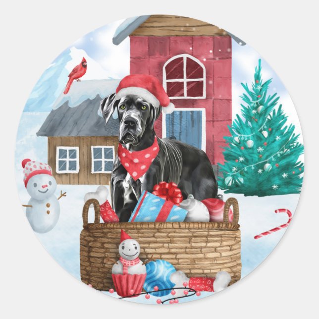 Sticker Rond Grand chien Danois dans la neige Maison de chien d (Devant)