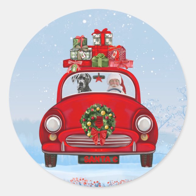 Sticker Rond Grand Chien Danois En Voiture Avec Le Père Noël (Devant)