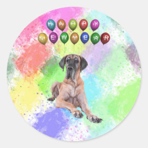 Sticker Rond Grand Chien Danois Souhaitant Bonne Année