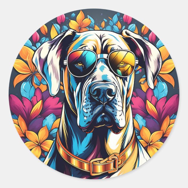 Sticker Rond Grand Dane Portrait de chien avec lunettes de sole (Devant)