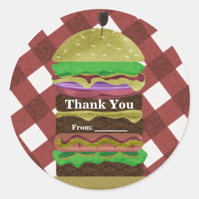 Sticker Rond Grand hamburger graissé Summer Cookout Red BBQ Par (Devant)