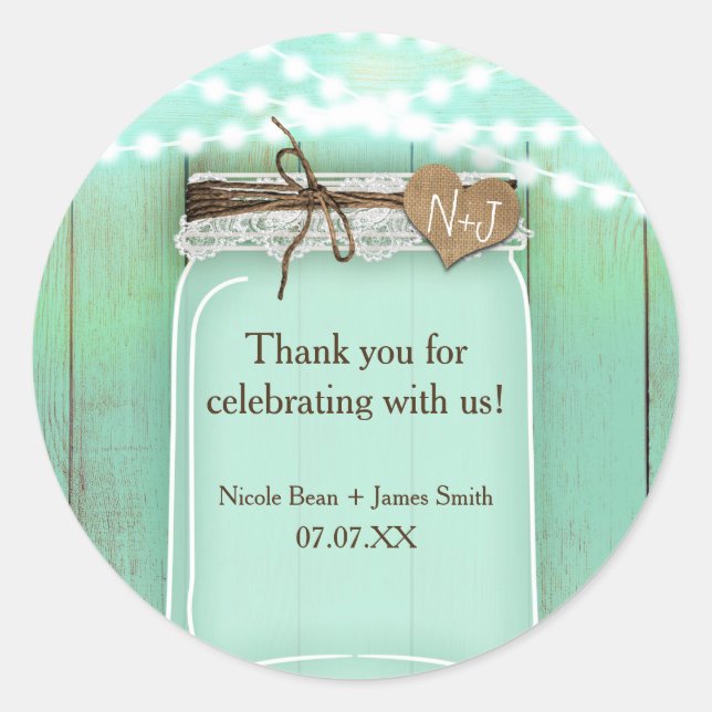 Sticker Rond Grand Mason Jar & Lumières Mint Rustic Favoriser (Devant)