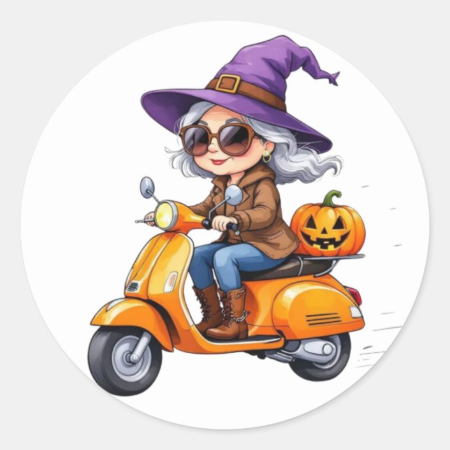 Sticker Rond Grand-mère Sorcière Stylée en Chibi sur Scooter Ci (Devant)