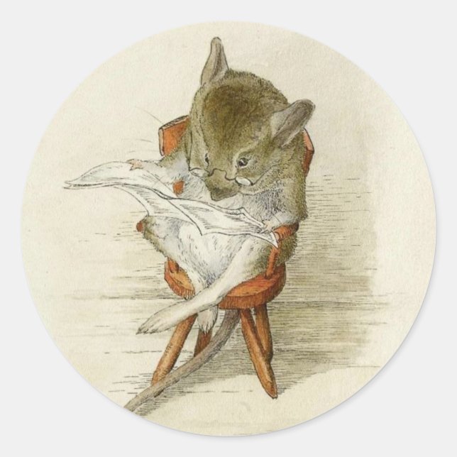 Sticker Rond Grand-père Souris Lire un journal (Devant)