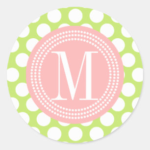 Sticker Rond Grand Pois vert et rose clair Monogramme