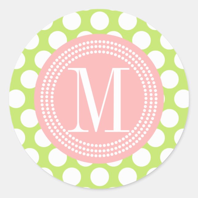 Sticker Rond Grand Pois vert et rose clair Monogramme (Devant)