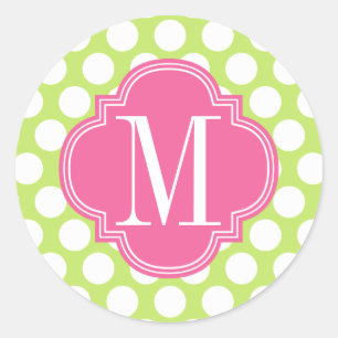Sticker Rond Grand Pois vert et rose Monogramme