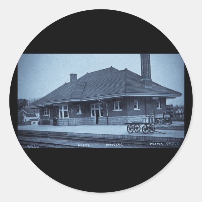 Sticker Rond Grand Trunk Depot Pontiac Michigan (Cyan) (Devant)