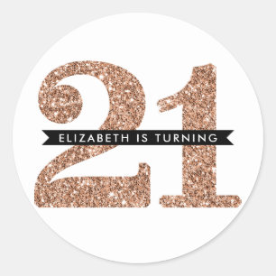 Sticker Rond GRANDE ÂGE NUMÉRO INVITATION glam 21 rose parties 