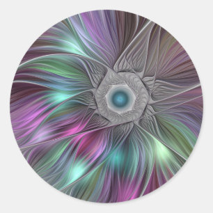 Sticker Rond Grande Fleur colorée Abstraite Trippy Fractal Art