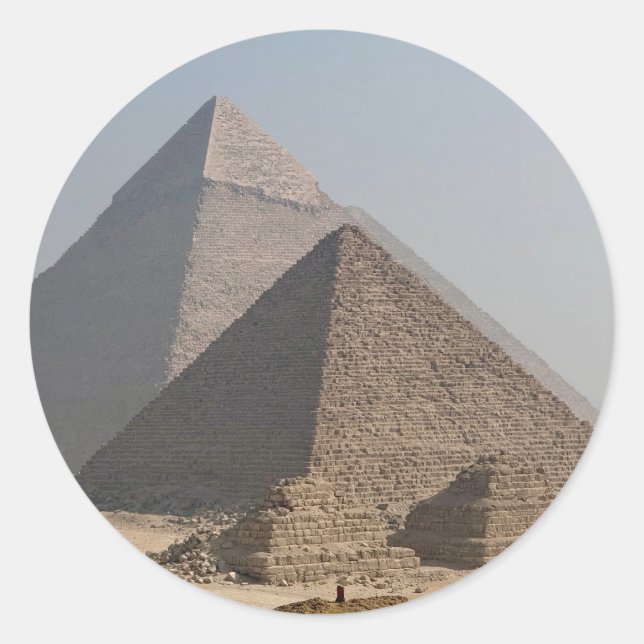 Sticker Rond Grandes Pyramides de Gizeh sous un ciel bleu clair (Devant)
