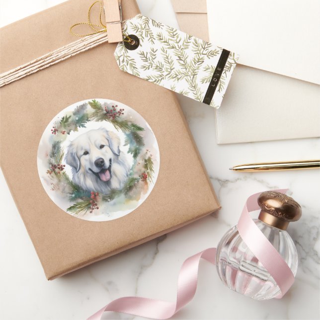 Sticker Rond Grandes Pyrénées Tasse de Noël de la couronne (Cadeaux)