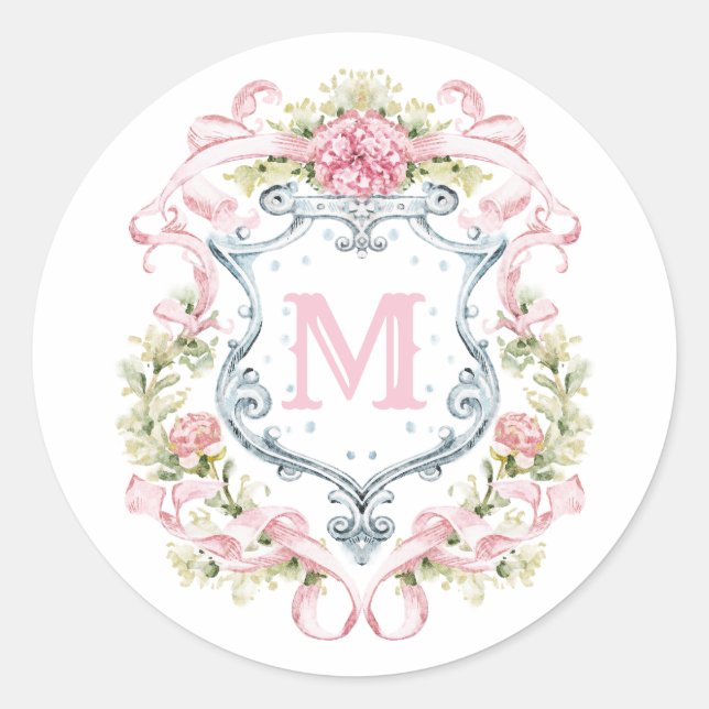 Sticker Rond Grandmillennial Floral Crest Monogram | Mariage  (Devant)