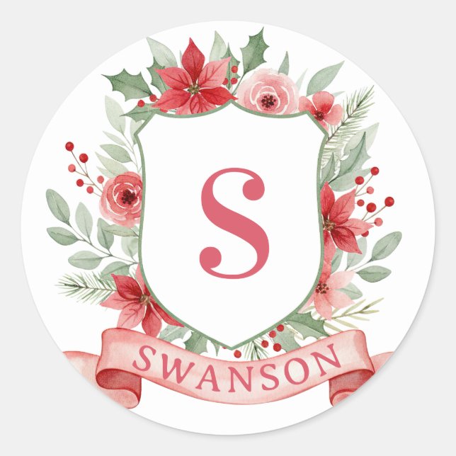 Sticker Rond Grandmillennial Holiday Crest | Christmas Monogram (Devant)