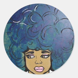 Sticker Rond Grands cheveux d'Afro de fille bleue de bois