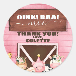 Sticker Rond Grange rose Oink Baa Moo Animaux de ferme Annivers