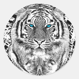 Sticker Rond Graphique de tigre noir et blanc aux yeux bleus